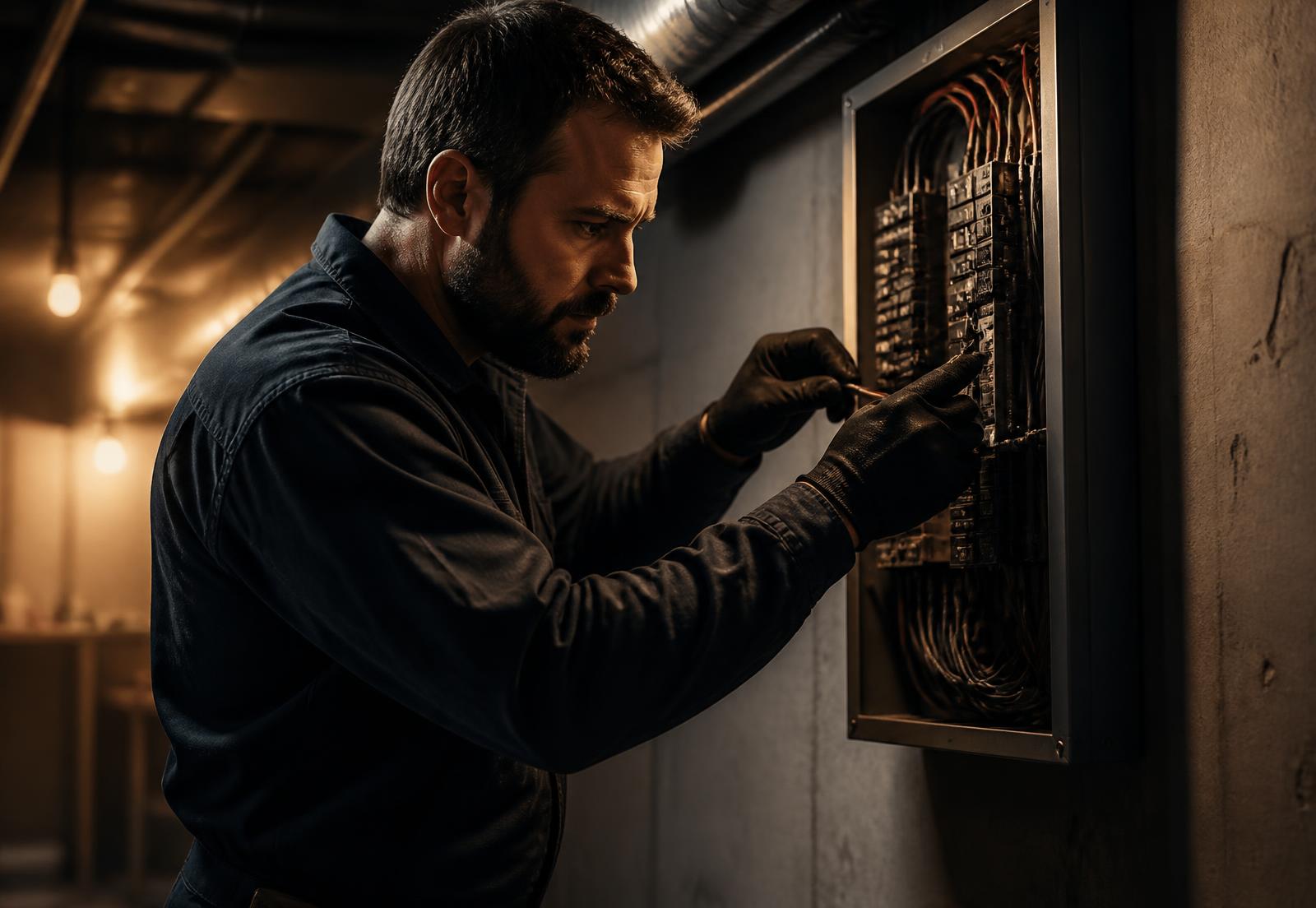 Electrician wiring a residential electrical service panel